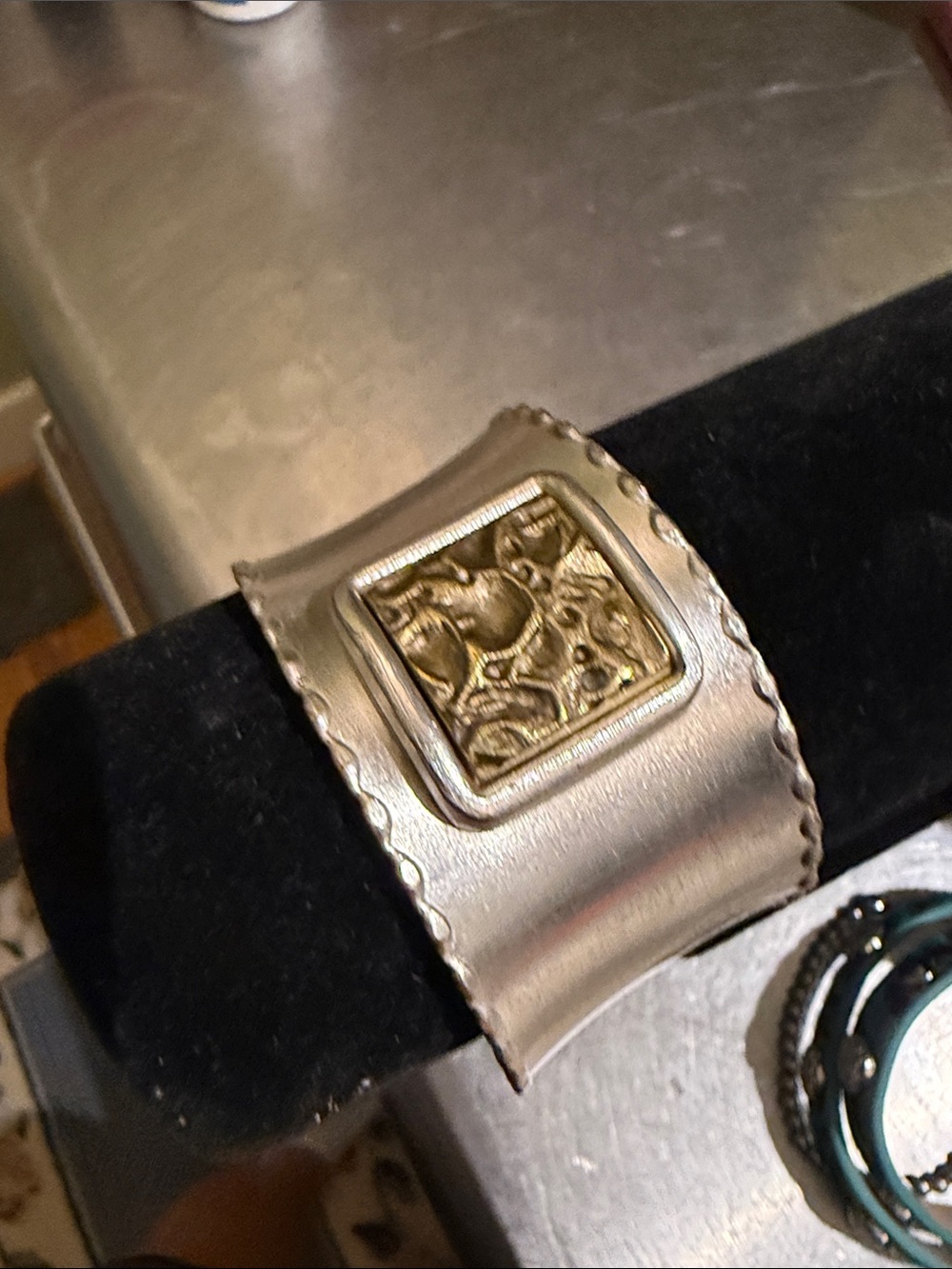 Rustic Cuff Silver Cuff Bracelet with Gold Center Panel